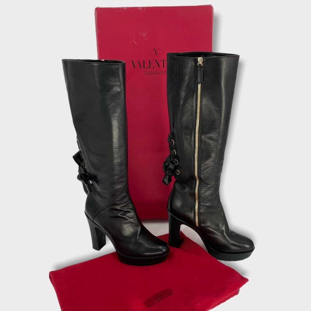 Valentino Garavani Black Lace Up Bow Platform Heel Tall Boots
